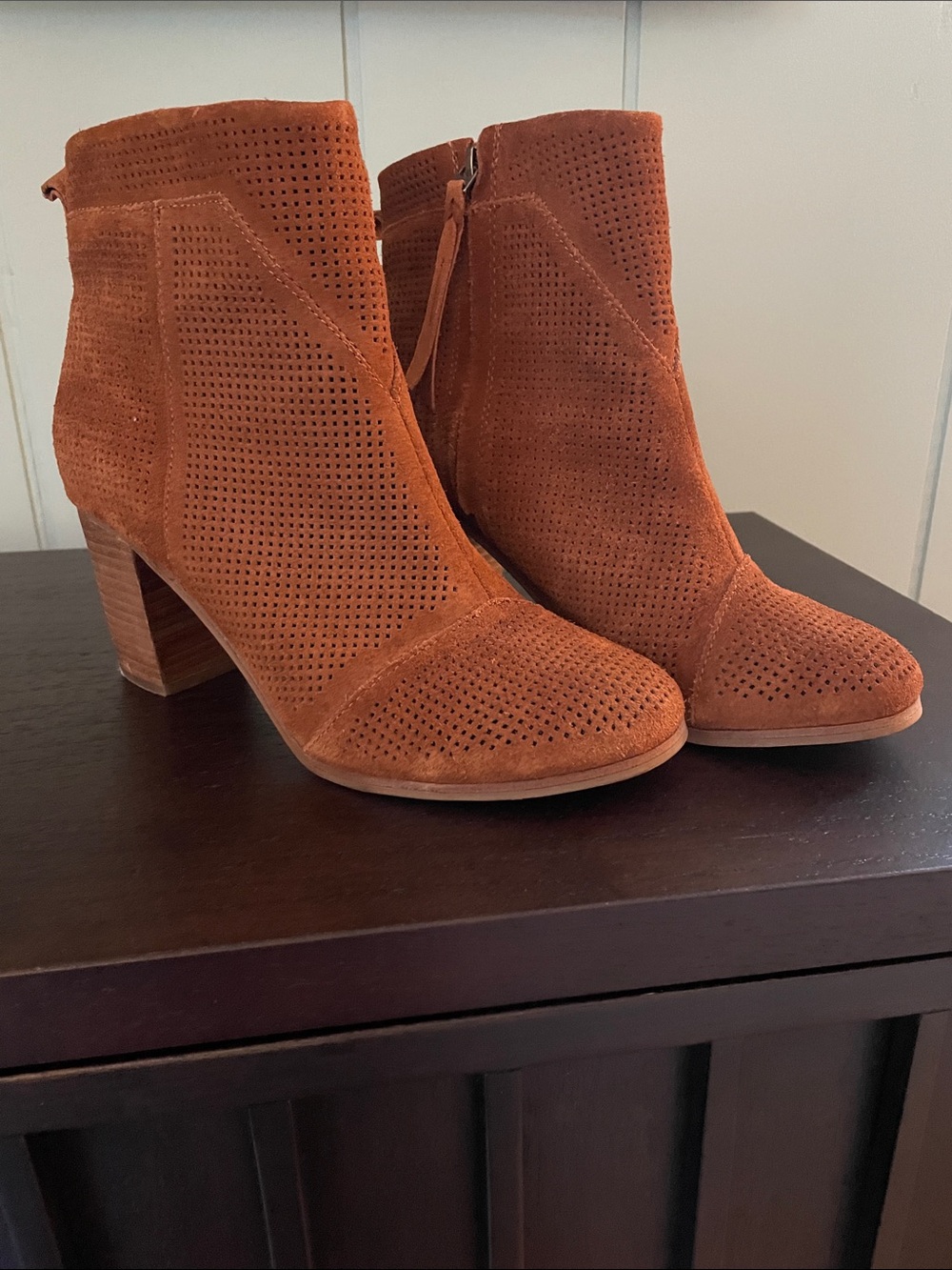 Tom’s Suede Perforated Ankle Bootie in Rust